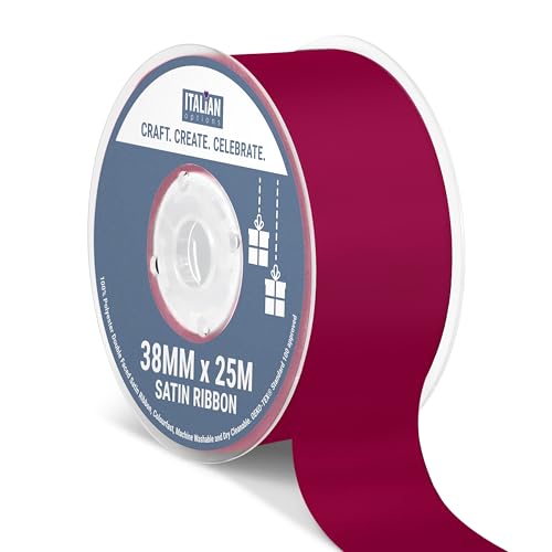 Italian Options Satin Ribbon, Fabric Ribbons for Gift Wrapping, Crafting, Balloons, Wedding Car, Presents, Cake, Christmas, Birthday, Gift Wrap Accessories, 38mm Wide x 25 Metre Roll, Burgundy