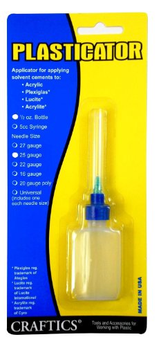 1/2 oz Bottle Plasticator, Applicator for Solvent Cements, Glues, and Adhesives - for PLASTICS - Needle Gauge (25 Gauge Metal Needle)
