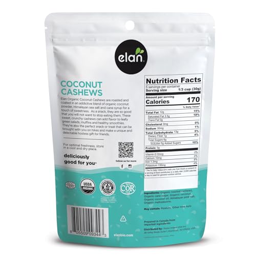 ELAN ORGANIC COCONUT CASHEWS, 5.6 OZ, NON-GMO, GLUTEN-FREE, VEGAN, KOSHER, GLAZED NUTS (ROASTED CASHEWS, COCONUT MILK POWDER, HIMALAYAN PINK SALT), SUPERFOOD INFUSED NUTS