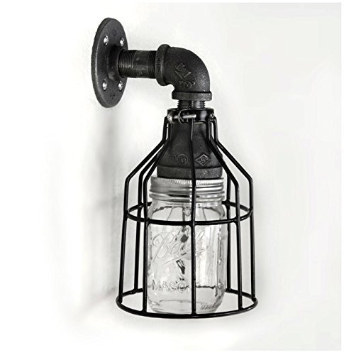Industrial Wall Sconce Galvanized Pipe Lighting w/ Mason Jar for Kitchen, Bathroom or Outdoor Lighting Sconces Steampunk - Black Cage Modern Industrial Lighting Fixture, Farmhouse Light - Thumbnail 2