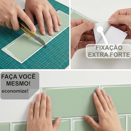Placa Pastilha Adesiva Resinada 3D Sticksy Revestimento Decorativo Impermeável para Cozinha Banheiro (Verde Subway - 30,5 x 26 Cm)