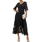 Women's Floral Mesh Midi Dress, V-Neck, 3/4 Bell Sleeves,Evening Party Dress