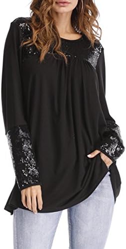Symptor Women Plus Size Casual Loose Tunic Top With Sequins Patchwork Long T-Shirt Black XXL