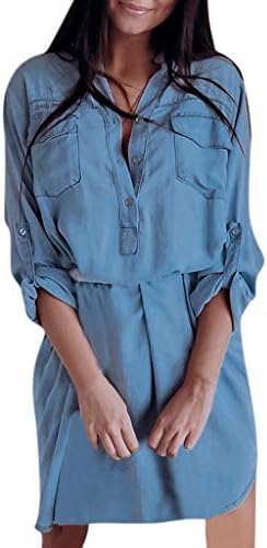 QQ1980s Womens Long Sleeve Pockets Longline Denim Shirt Dress Ladies Botton Jean Dresses