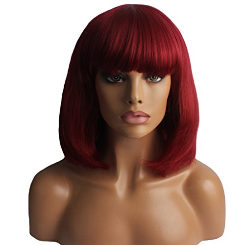 WeKen Fashion Wig Women's Short Bob Kinky Straight Full Bangs Synthetic Hairpieces Wine Red