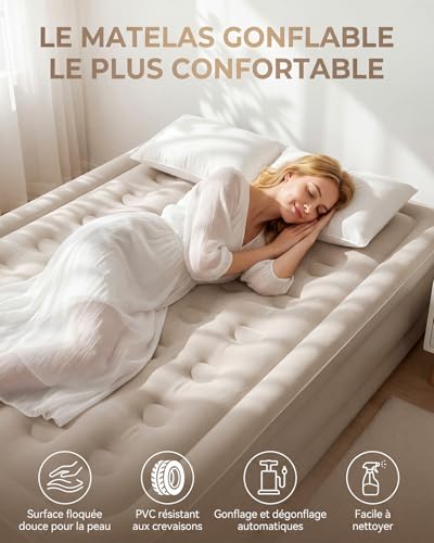Double Inflatable Mattress 203 x 152 x 40 cm, 40 Air Chambers, Soft Flocked Surface, Maximum Load 300 kg, Inflatable Mattress with Carry Bag and 2 Pillows, Ideal for Guests at Home, Camping, Khaki