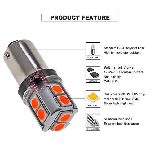 DODOFUN CANBUS BA9S Red Extra Bright Car Interior Exterior Replacement Bulb Bayonet Base BA9 53 57 1445 1895 64111 Size Reading Map Dome Side Door Courtesy LED Light 12V 24V (Pack of 4)