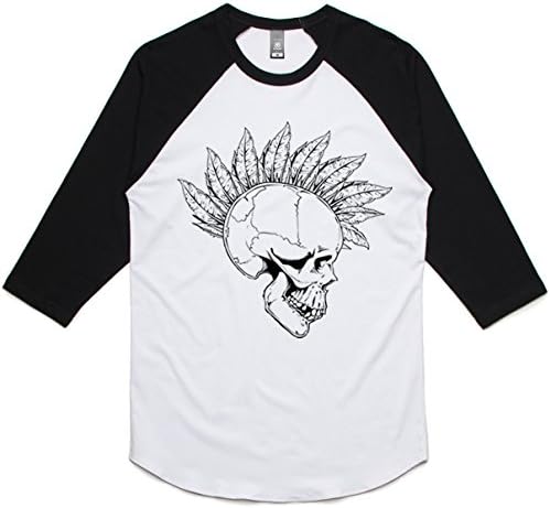 theIndie Feather Mohawk Skull (Black) 3/4-Sleeve Raglan Baseball T-Shirt, White / Black, S