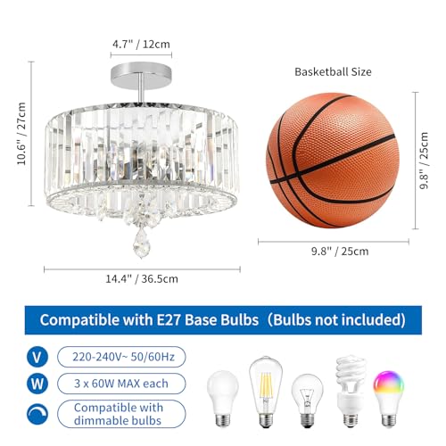 ANWIO Modern Crystal Ceiling Light, Silver Ceiling Light, Chandelier with 3 E27 Base, Glass Shade for Hallway, Entrance, Kitchen, Bedroom, Living Room (37 cm, Without Bulb)
