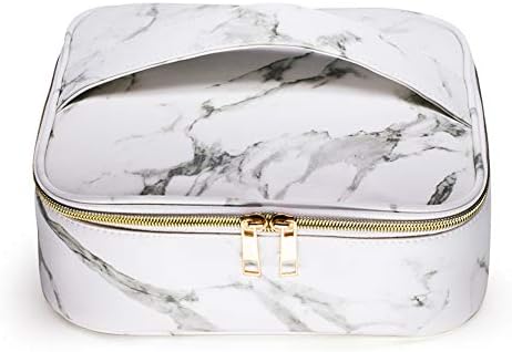 WELLANCE Makeup Train Case Portable PU Marble Makeup Cosmetic Bag 8.6'' with Adjustable Dividers for Home and Trave (White)
