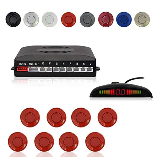 EKYLIN Car Reverse Parking Radar System with 8 Parking Sensors Distance Detection + LED Distance Display + Sound Warning (Red Color)