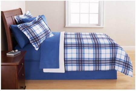 Bedding Set Complete 8pc Boy Blue Plaid College Dorm Reversible King Comforter and Bedding Set with Sleep Mask