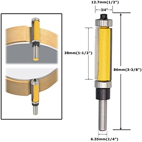 HDDU 1Pc 1/2 Inch Diameter Flush Trim Router Bit with 1-1/2 Inch Cutter Top and Bottom Bearing 1/4 Inch Shank (H46588)