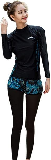 Amazon 水着 ラッシュガードレディース 長袖水着 ダイビング サーフィン サーフパンツ ビキニ 上下 ショートパンツタンキニ 水陸両用 オシャレ レギンス フィットネス女性5点セット ラッシュパーカー 紫外線対策 タンキニ 通販