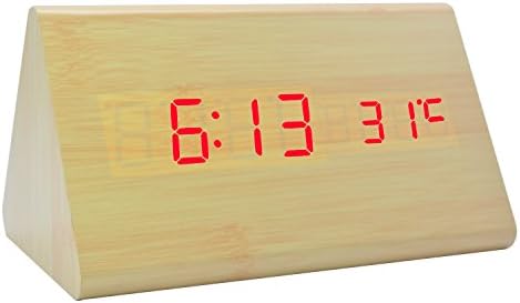 Triangle Alarm Clock LED Wooden Digital Electronic Desktop Travel Home Bedroom Bedside Clocks for Kids with Sound Control Function (5.91x3.15x3.55, Bamboo Wood Red Light)