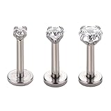 16g 2/3/4mm Cubic Zirconia Stone Triple Forward Helix Ear Cartilage Tragus Studs Lip Piercing Earrings 16 gauge ( 6mm Length Triple Stone Size Pack, Set Of 3 )
