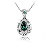 Vintage Silver Plated Lucky Angel Teardrop Bling Crystal Pendant Necklace with Chain for Women (dark green)