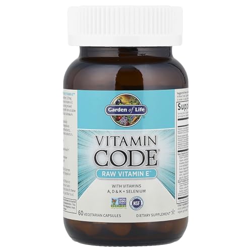 Garden of Life Vitamin E - Vitamin Code Raw Vitamin E Supplement with Vitamins A, D & K Plus Selenium, Fruit, Veggies & Probiotics, 60 Vegetarian Capsules, 125mg Whole Food Vitamin E for Heart Health