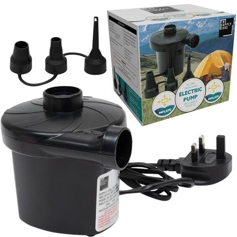 Supply Cube AC Electric Air pump with 3 Nozzles | AC 150w Air Pump | Portable Electric Pump | Quick-Fill Deflate & Inflate Pump for Paddling Pool, AirBed Pump, Swimming Pool Camping Accessories