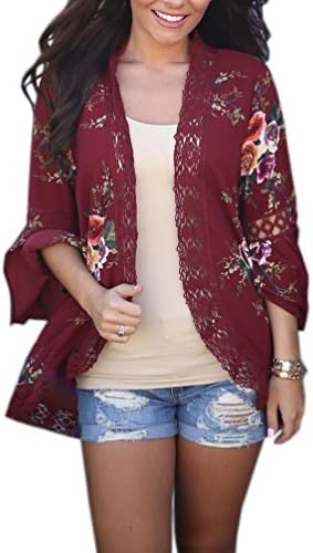 Miatty Women's Floral Print Sheer Chiffon Loose Kimono Cardigan Capes Wine Red S
