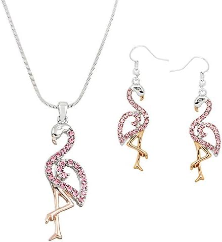 Lola Bella GiftsCrystal Flamingo Pendant Necklace and Earrings Set with Gift Box