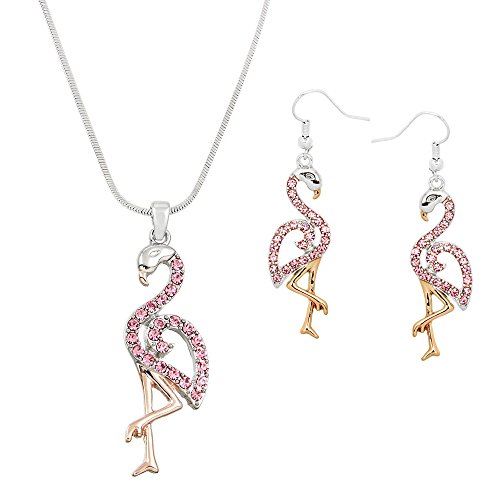Lola Bella GiftsCrystal Flamingo Pendant Necklace and Earrings Set with Gift Box