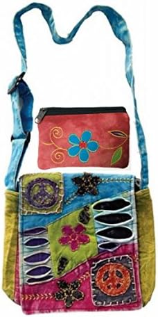 Patchwork Peace Sign Cross Body Small Messenger Shoulder Bag & Coin Money Purse Bundle Embroidered Tie Dye