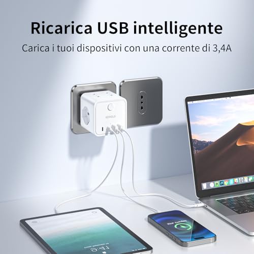 Power Strip with 4 Universal Sockets 10/16A ITA and Schuko, Power Strip with 2 USB A+2 USB C, Multiple Plug Flat Space-Saving with Switches for Home, Office, Black
