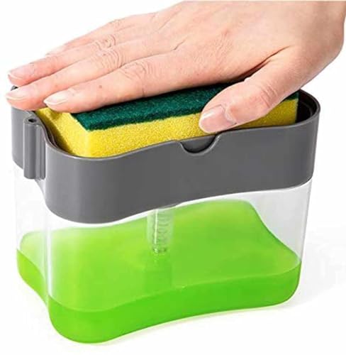 SKY-TOUCH 2 In 1 Sponge Rack Shelf Soap Detergent Dispenser Pump, Large Capacity With Sponge, 1 Hand Operation