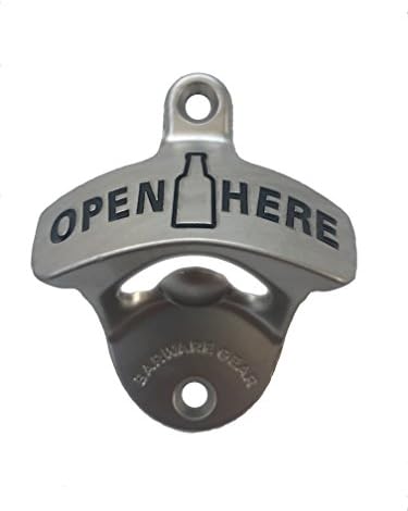 Barware Gear Wall Mounted Open Here Bottle Opener with Free Stainless Steel Mounting Screws. Pop the cap and open your Beer and Soda in Style. Wall Hung Beer Opener for Bar or Kitchen. Matted Nickel