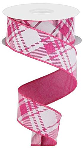 Diagonal Stripe/Check Wired Edge Ribbon - 10 Yards (Fuchsia, White, 1.5")