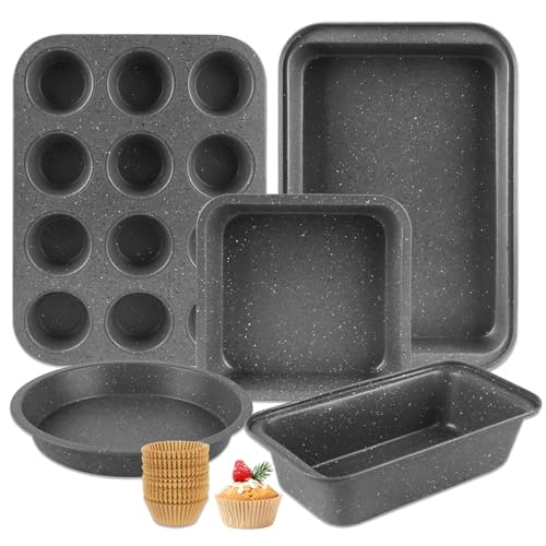 Barlket Baking Pans Set, 5 Piece Grey Marble Nonstick Bakeware with 100 Cupcake Liners – Stackable Carbon Steel Set for Small Kitchens, Apartments, Home Baking and Gifts
