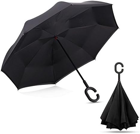 Self Standing Inverted Umbrella,Ompakey Double Layer Reverse Folding Windproof UV Protection Cars Outdoor Reversible Umbrella With C-Shaped Handle