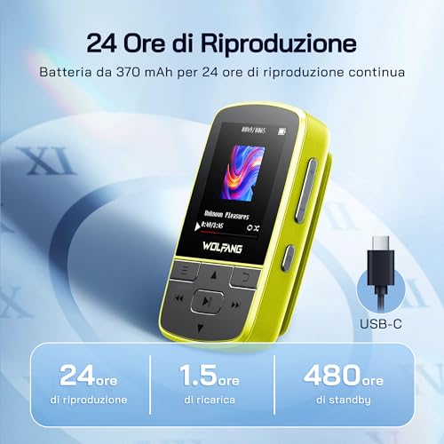 WOLFANG Bluetooth 5.2 MP3 Player, Sports Clip, Mini Size, 1 oz, FM HiF Radio, Voice Recorder, Earphones Included, Fluorescent Green