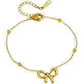Izpack 14K Gold Plated Bow Knot Bracelet for Women Stainless Steel Ribbon Bowknot Adjustable Chain Beaded Bracelets Fashion Birthday Jewelry