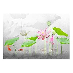 Under The Sea Water Lilies with Gold Fish and Gray Textured Background - Wall Mural, Removable Sticker, Home Decor - 66x96 inches