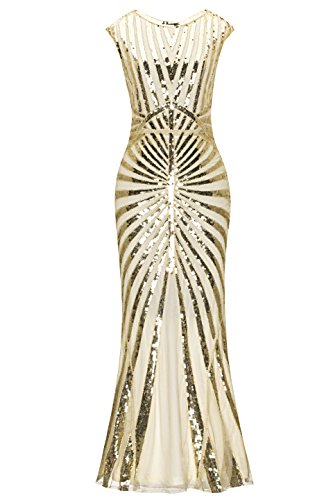 Metme Women’s 1920s Mermaid Maxi Long Dress Sequin Formal Dress Evening Prom Gown Dress Beige/Apricot