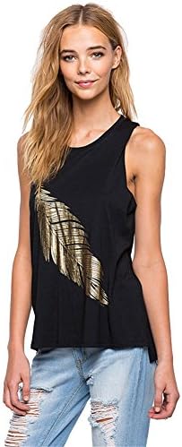 My Wonderful World Street Fashion bronzing t-shirts feather pattern printing Slim vest Black tee topsfor Women's xl