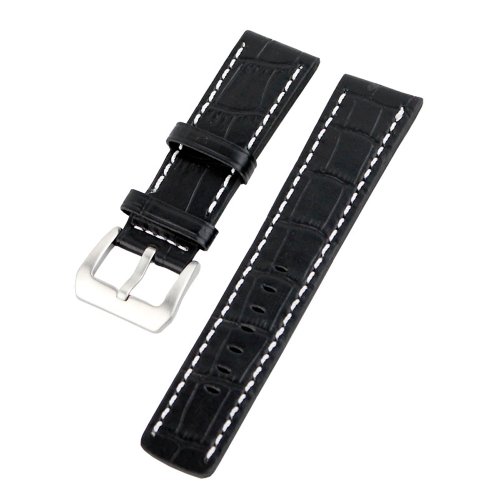 RECHERE 22mm Crocodile Grain Leather Watch Band Strap Contrast Stitch Color Black