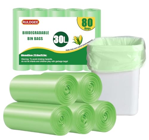 RULDGEE Biodegradable Bin Liners 30 Litre Compostable Food Waste Bags 80 Bags Green Caddy Liners,Thickened Recycled Degradable Trash Rubbish Bag for Kitchen