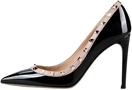 EKS Women's Fllosacf Patch Work Edge with Rivets Studs High Heels Pointed Toe Pumps for Dress Plus Size UK 3-11