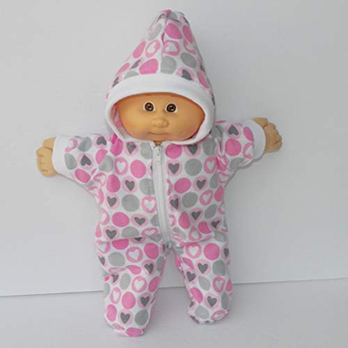 14" Cabbage Patch Girl including Preemie Doll Clothes Pink White and Grey Heart Pajamas Hooded Romper for Valentine's Day