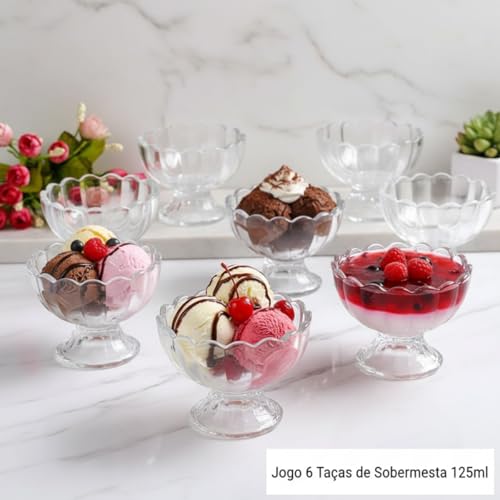 Jogo 6 Taças de Sobremesa de Vidro 125ml – Taças para Sorvete, Mousse e Pudim com Design Ondulado Elegante – Taça de Vidro para Sobremesas Premium