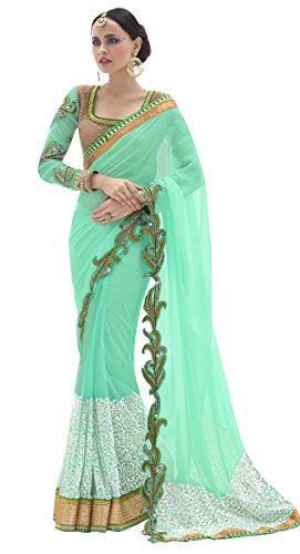 INMONARCH Womens Magnificent Sea-green Georgette Net Saree SSR3816