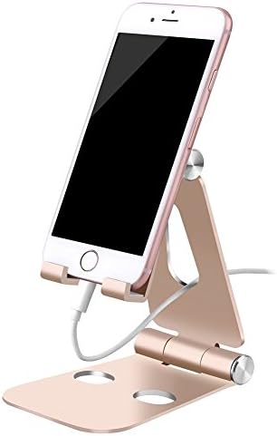 DIMICA Cell Phone Stand, Tablet Stand, Adjustable Foldable Multi-angle Aluminum Desktop Phone Stand for Switch, iPad, iPhone X 8 6 6s 7 Plus, Samsung Galaxy S8/ S8 Plus charging and More, Gold