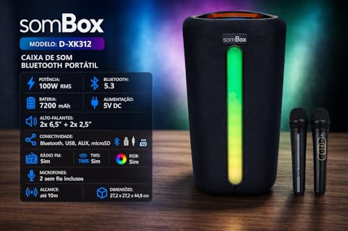 Caixa de Som Portátil 100W RMS Graves Potentes RGB Bluetooth 5.3, USB e AUX, Bateria Longa Duração com 2 Microfones sem Fio para Festas, Viagens, Karaoke e Uso Externo