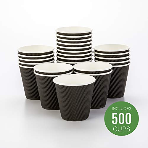 500-CT Disposable Black 8-OZ Hot Beverage Cups with Ripple Wall Design: No Need for Sleeves - Perfect for Cafes - Eco-Friendly Recyclable Paper - Insulated - Wholesale Takeout Coffee Cup