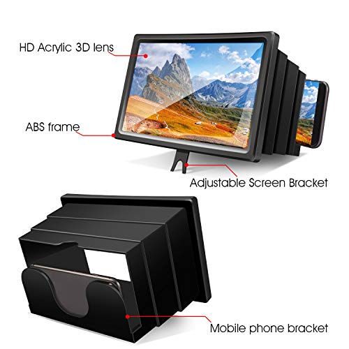 Foonii 12'' 3D Screen Magnifier for Cellphone, HD Phone Screen Magnifier for Movies, Videos and Gaming with Foldable Holder Stand, Screen Amplifier Compatible with All Cellphone (Black) - Thumbnail 2