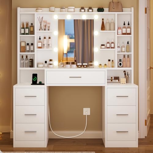 TEENFON 47.2” Large Vanity Desk with 7 Drawers & 15 Open Shelves, Makeup Vanity with 10 LED Lights & Power Outlet, Vanity Desk with Mirror and Lights, Dressing Table for Bedroom, White