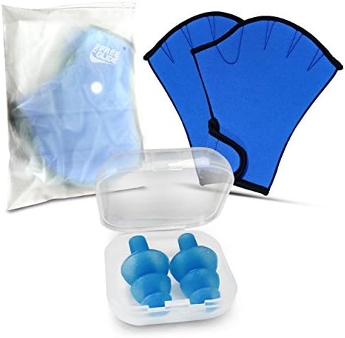 Swimming Gloves &amp; Ear Plugs Pack For Swimmers Doing Swim Training Resistance by The Free Glide